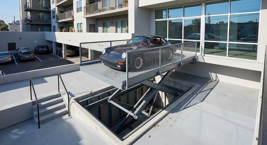 Montacoches de plataforma en patio: el coche sube desde el foso, Valencia
